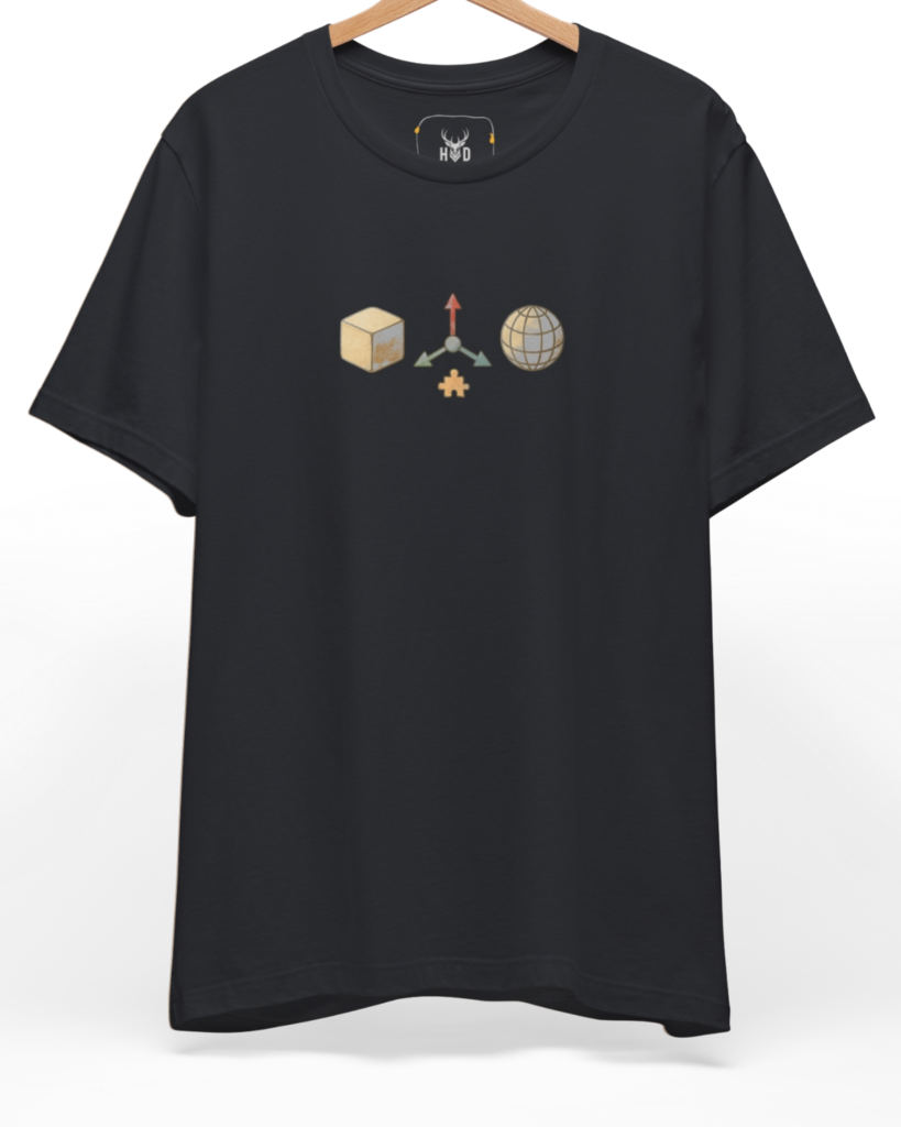 Front perspective of the blender-tee-3d-artist-tshirt-3d-modeling-shirt-cgi-artist-design-minimal-viewport-inspired-graphic-clean-style.jpg garment showing the technical software icons printed on a premium black Holydeer shirt.