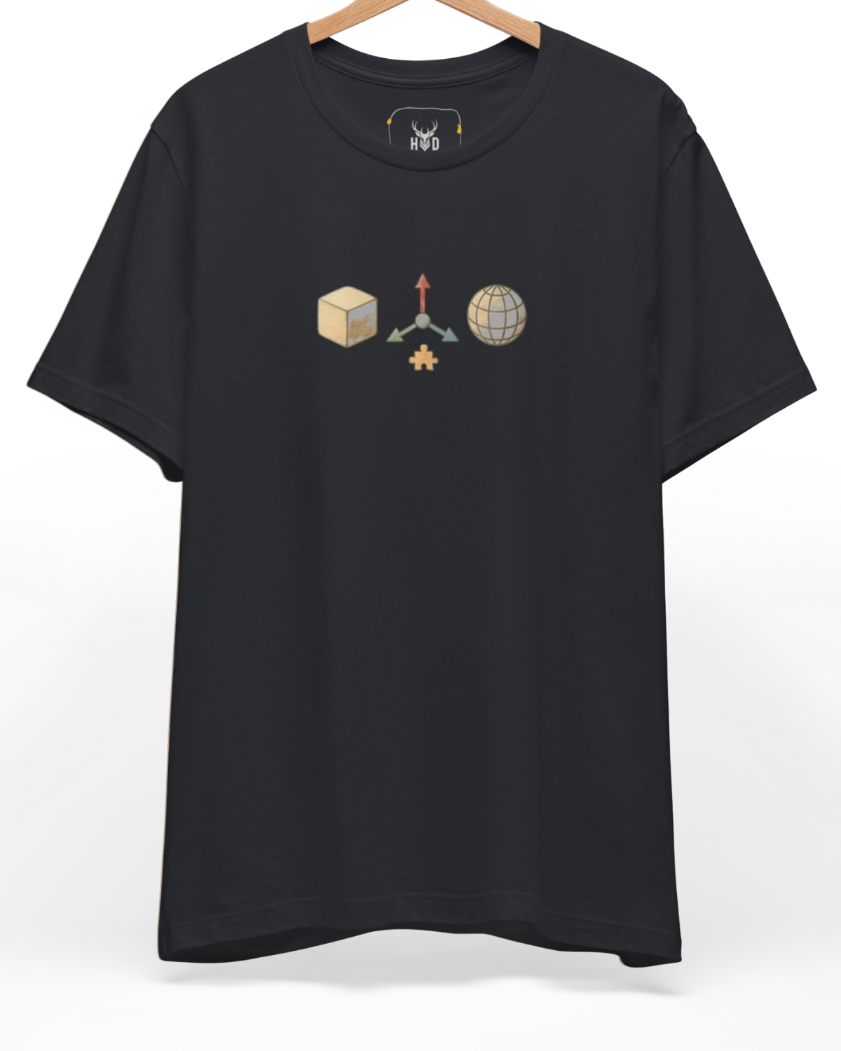 Front perspective of the blender-tee-3d-artist-tshirt-3d-modeling-shirt-cgi-artist-design-minimal-viewport-inspired-graphic-clean-style.jpg garment showing the technical software icons printed on a premium black Holydeer shirt.