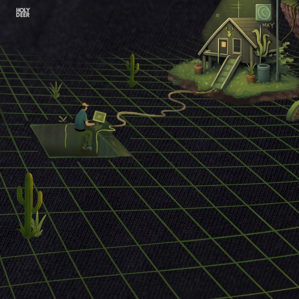 Macro view of the Minimalist Indie Game Dev Shirt print showcasing intricate vector lines on the green wireframe plane, floating island structures, and the raw unreal engine tshirt gizmo channels crafted exclusively by Holydeer Streetwear.