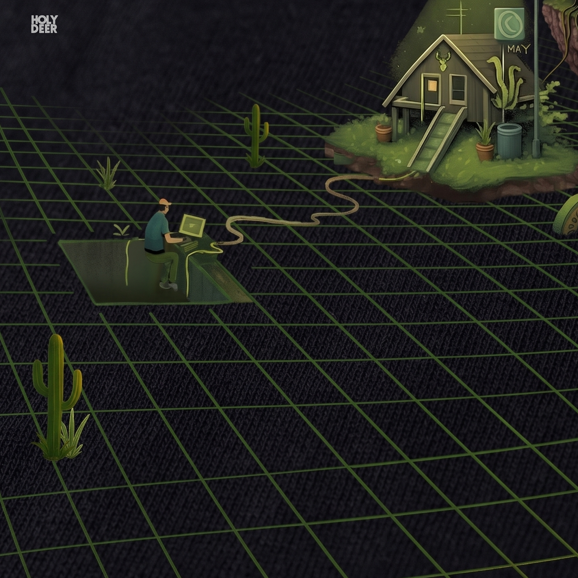 Macro view of the Minimalist Indie Game Dev Shirt print showcasing intricate vector lines on the green wireframe plane, floating island structures, and the raw unreal engine tshirt gizmo channels crafted exclusively by Holydeer Streetwear.
