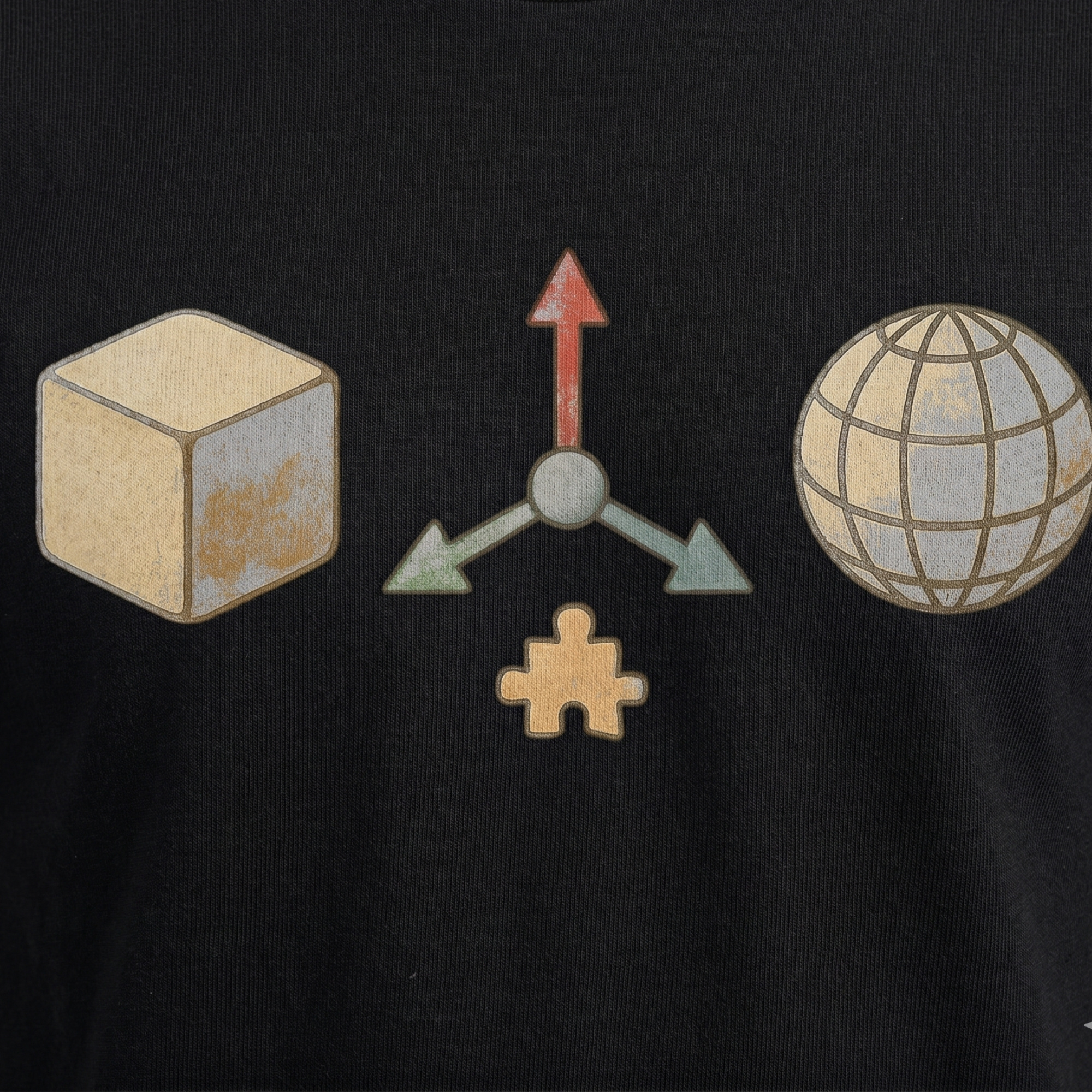 High-magnification print detail tracking the isometric corners, soft beige grain textures, and subtle shadow lines forming the iconic default cube of the 3d modeling tee.