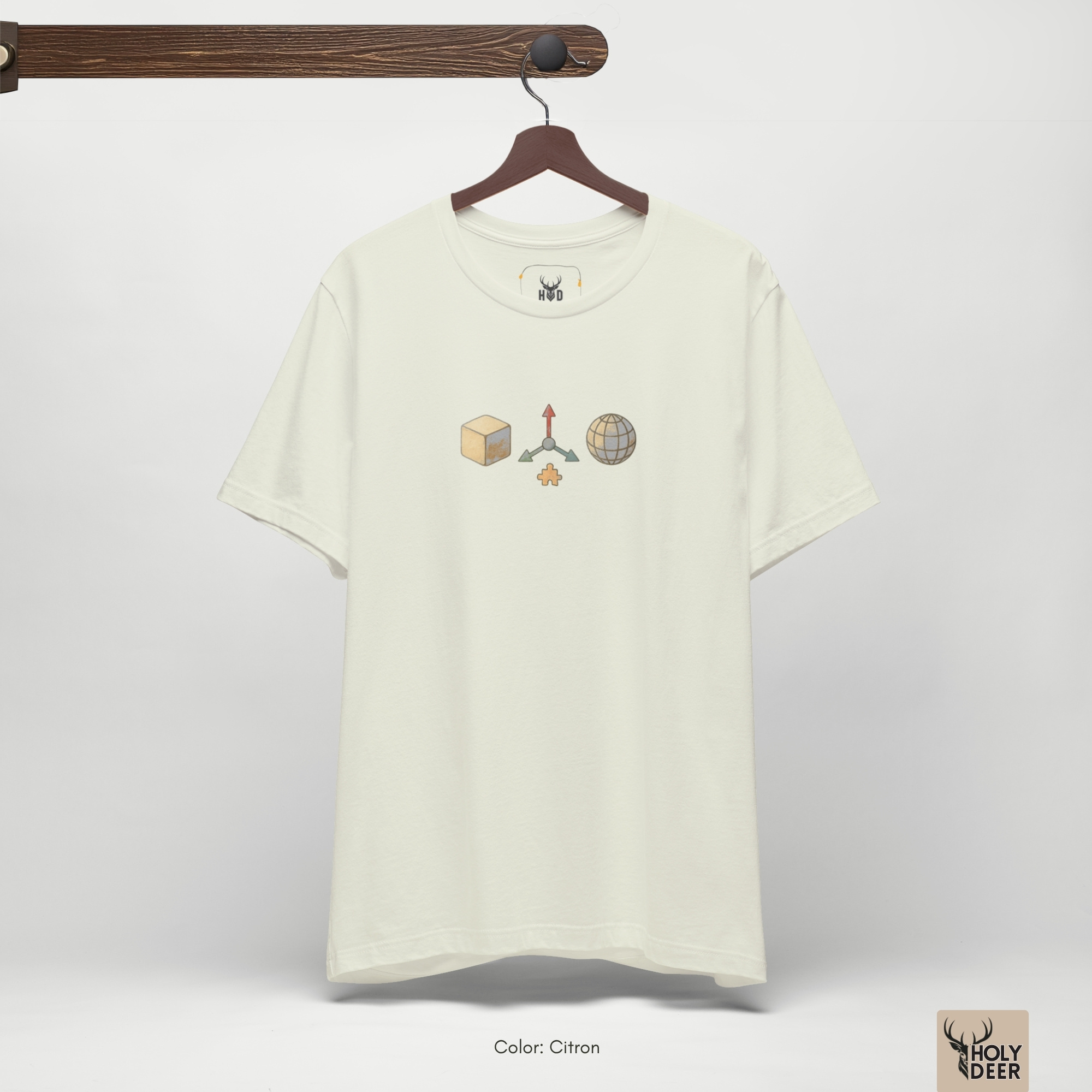 Detailed macro perspective displaying the red and green directional arrows, circular pivot node, and small yellow interlocking puzzle shape on the 3d designer shirt panel.