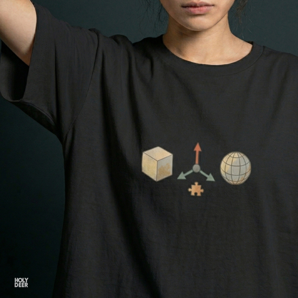 Technical close-up highlighting the circular globe contour lines, segmented longitudinal grids, and soft gray shade washes forming the peak of the cgi artist tshirt print.