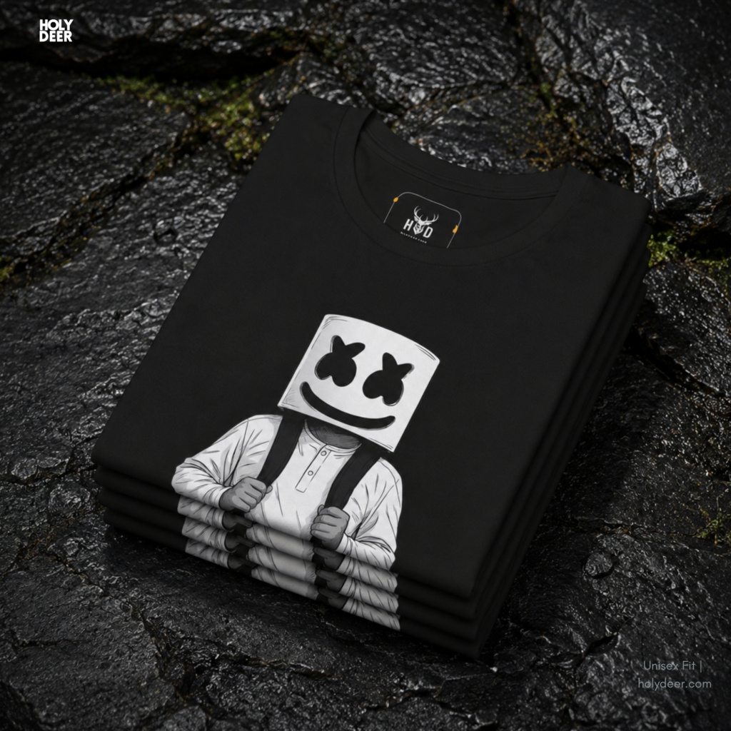 High-magnification print detail tracking the smooth black ink fills, crisp curved borders, and dense white background block forming the face of the marshmello graphic top.