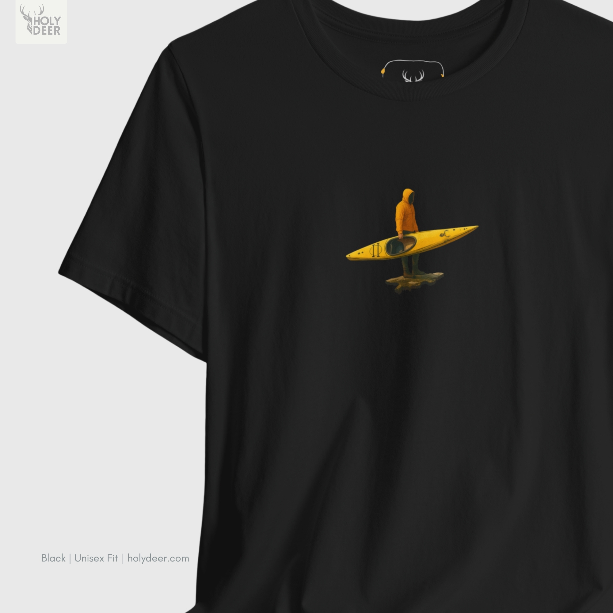 Soft amber spotlight shadow studio backdrop framing the unique River Adventure Tee by Holydeer Streetwear, magnifying the clean centered canoe tee placement and premium adventure t-shirt presentation.