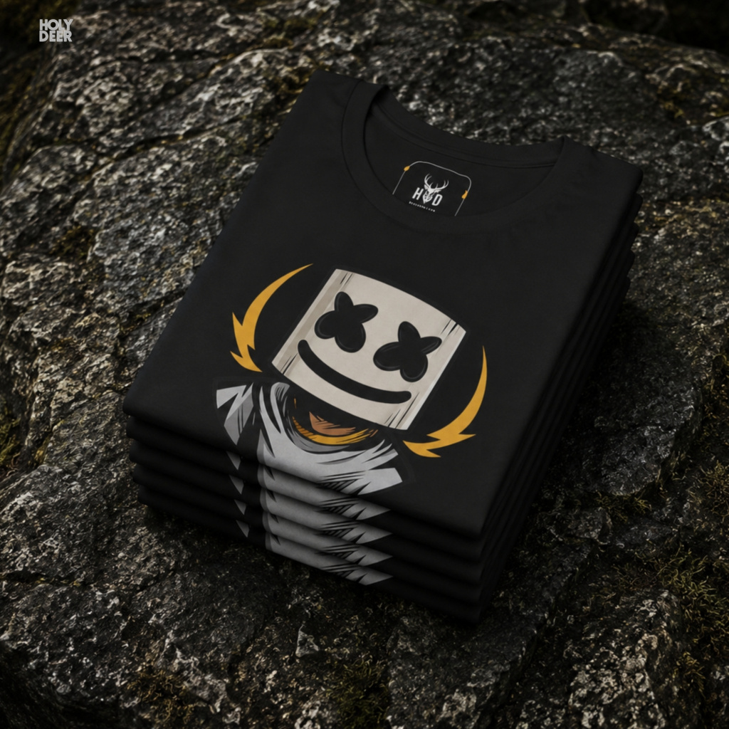 A slightly angled look at the Hanging 1, Black(82).jpg shirt, focusing on the screen print layout under soft showroom lighting.