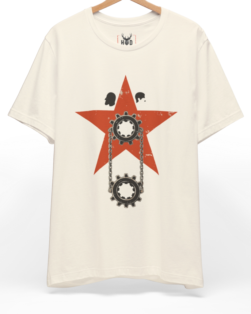 Front perspective of the abstract-politics-shirt-red-star-gear-mechanism-symbolic-power-system-holydeer-style.jpg garment showing the industrial political illustration printed on a premium mustard Holydeer shirt.