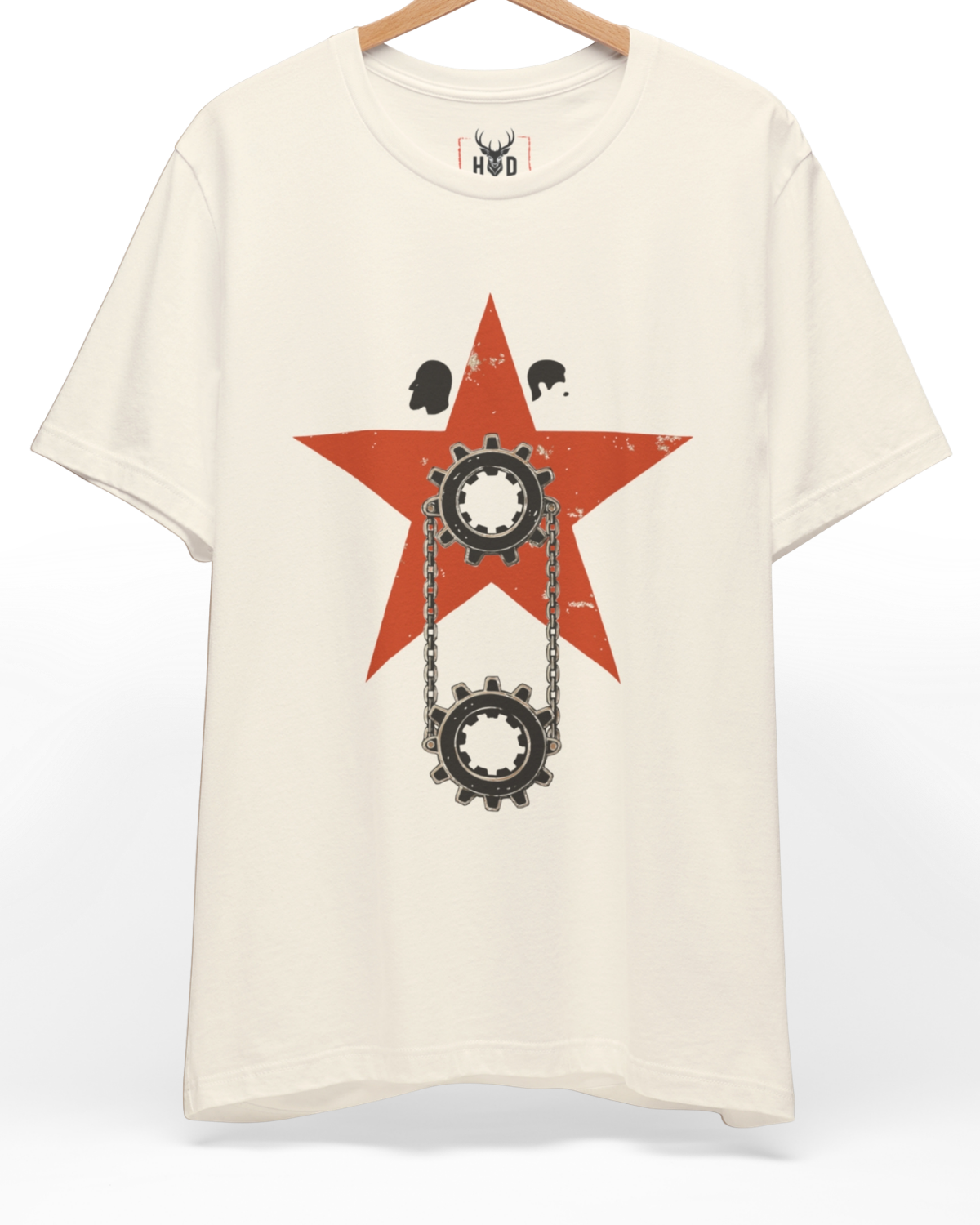 Front perspective of the abstract-politics-shirt-red-star-gear-mechanism-symbolic-power-system-holydeer-style.jpg garment showing the industrial political illustration printed on a premium mustard Holydeer shirt.