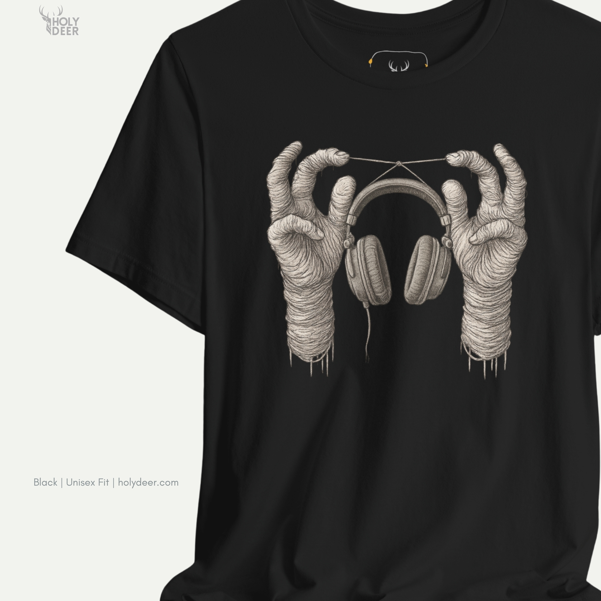 Modern brutalist concrete recording vault architecture outdoor lifestyle model wearing the centered Surreal Music Tee from Holydeer Clothing, standing as a high-end dark aesthetic top statement matching elite indie musician tee trends.