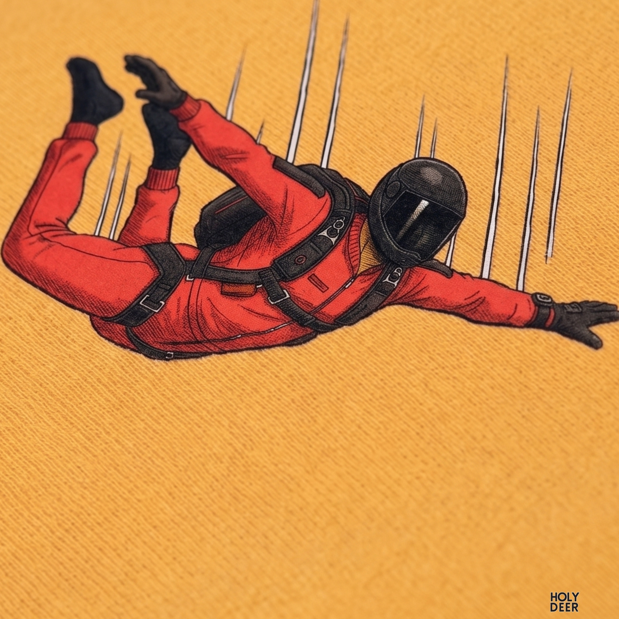 Macro view of the Skydiving Shirt print showcasing intricate ink shading on the bright red flight suit, matte black parachute graphic equipment, and fine action sport wear points crafted exclusively by Holydeer Streetwear.