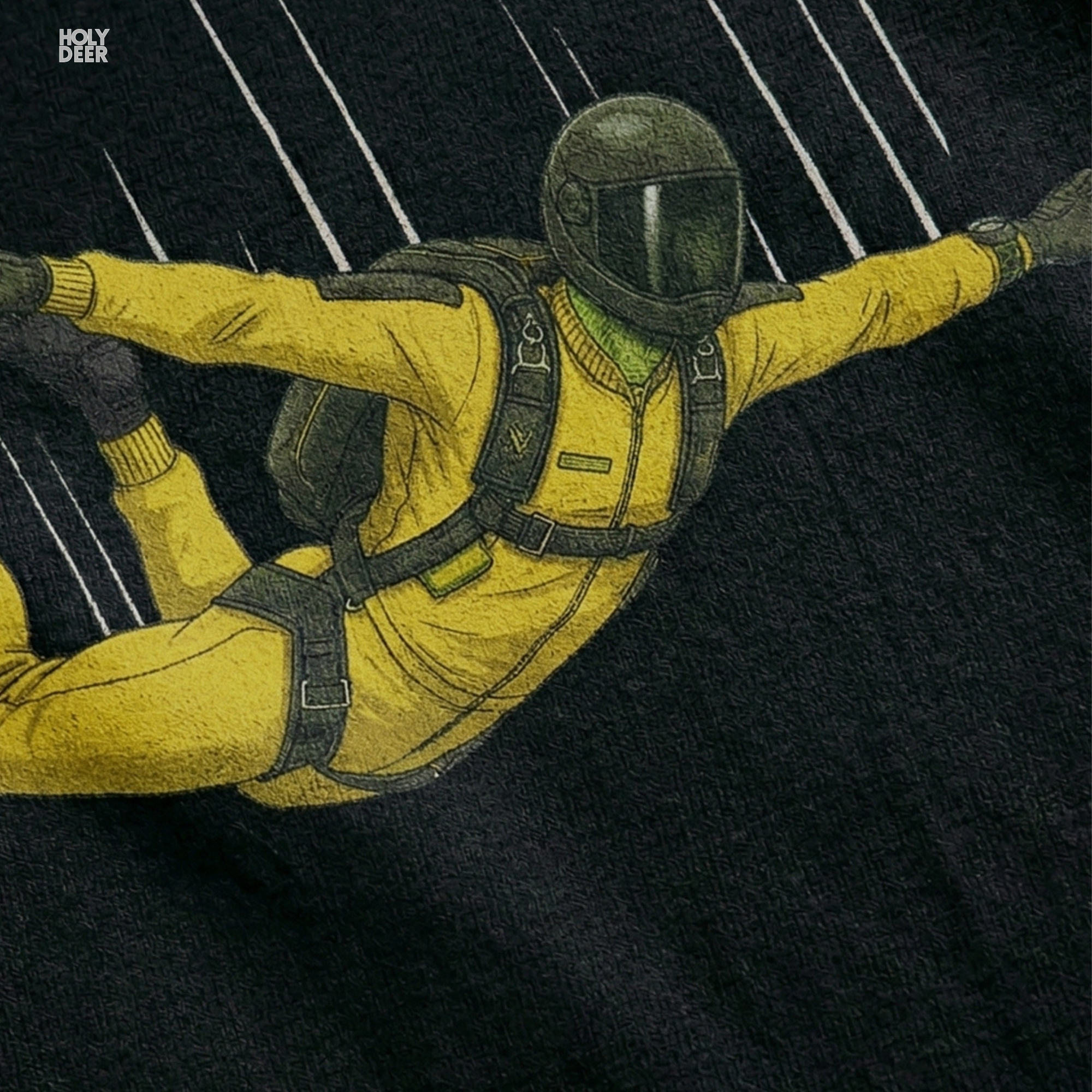 Modern brutalist airfield concrete architecture outdoor lifestyle model wearing the centered Skydiving Shirt from Holydeer Clothing, standing as a high-end urban streetwear statement matching elite adventure gift tee trends.