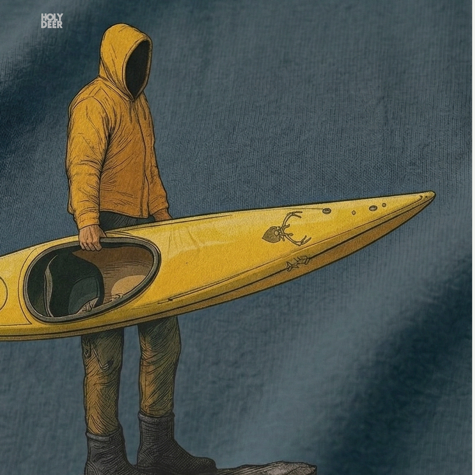 Macro view of the River Adventure Tee print showcasing intricate hull textures on the yellow canoe tee, protective gear lines, and fine survival vibe tee details crafted exclusively by Holydeer Streetwear