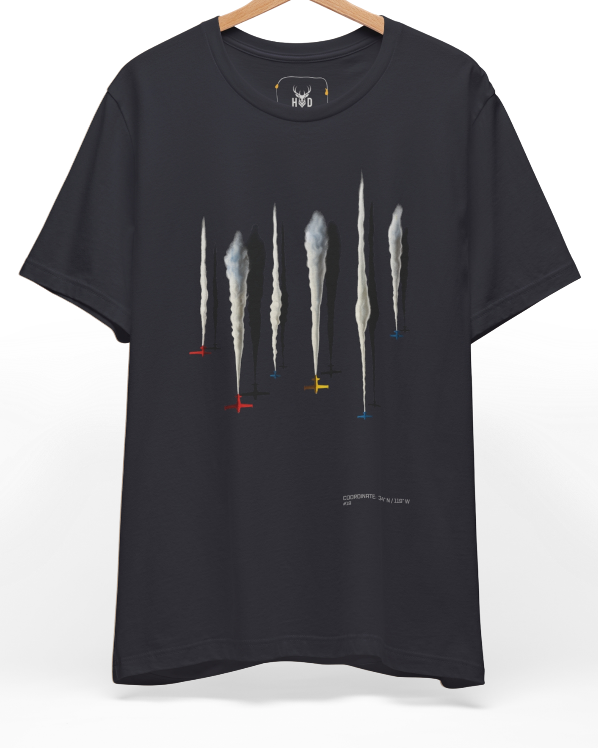 Premium Aerobatic Jets Tee displaying a high-detail smoke trail planes sequence and minimal aircraft tee concept on a heavy dark grey graphic canvas, designed by Holydeer Clothing.