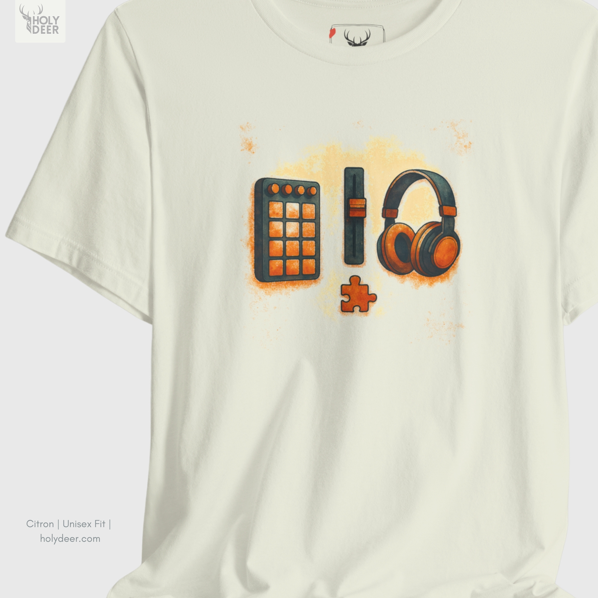 High-magnification print detail tracking the rows of square orange midi pads, top knob row vectors, and sharp boundaries forming the beatmaker apparel.