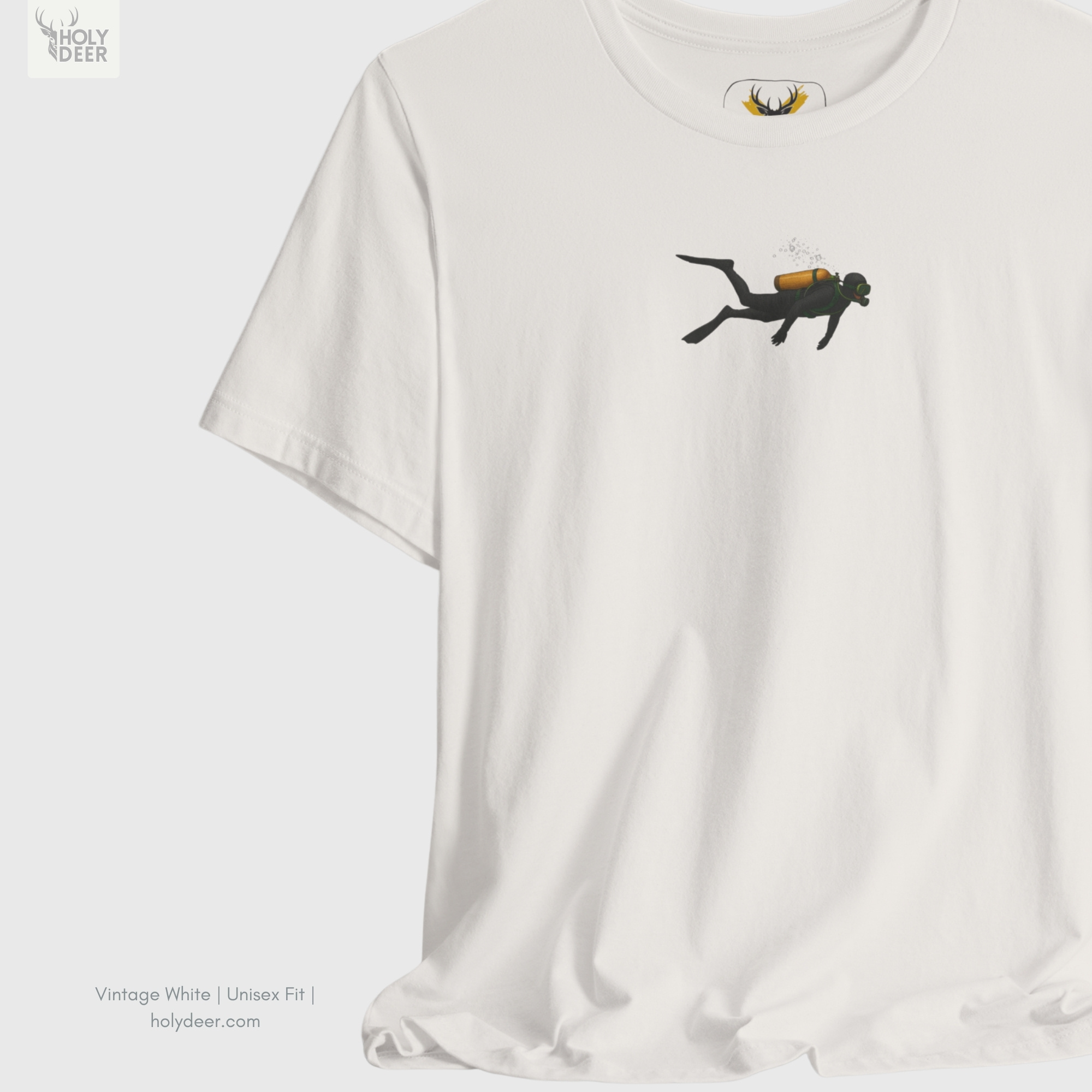 Macro view of the Scuba Diving Shirt print showcasing intricate shading on the gold scuba gear graphic cylinder, minimalist air bubbles, and fine marine life shirt lines crafted exclusively by Holydeer Streetwear.