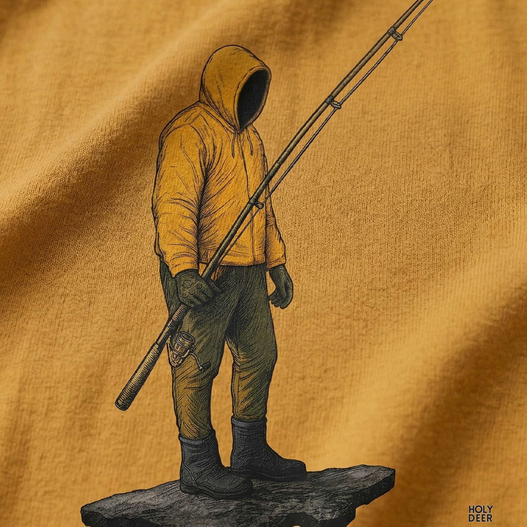 Macro view of the Minimalist Fish Tee print showcasing intricate ink shading on the vibrant yellow hooded jacket, long fishing rod outline, and sharp coastal lifestyle lines crafted exclusively by Holydeer Streetwear.