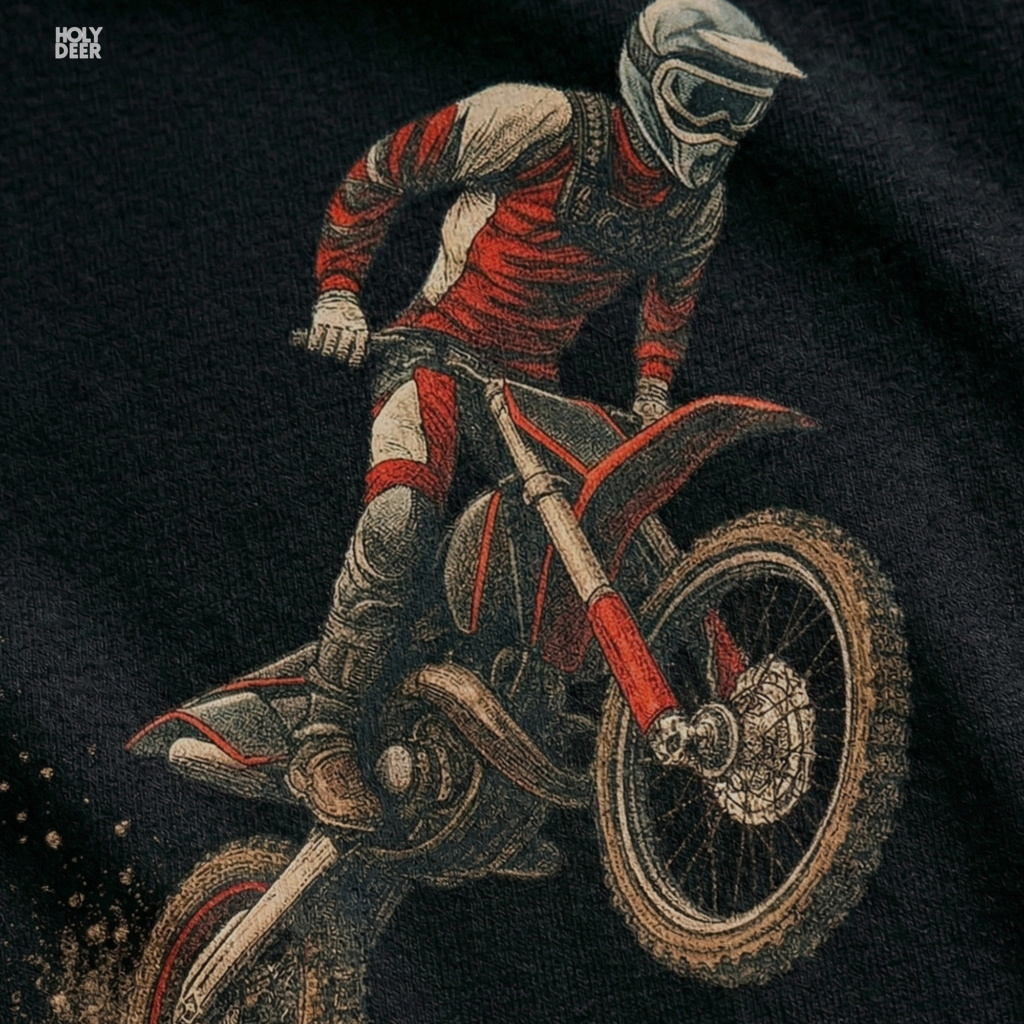 Macro view of the Motocross Shirt print showcasing intricate ink shading on the flying sand particles, aggressive rider silhouette, and fine aesthetic moto art points crafted exclusively by Holydeer Streetwear.