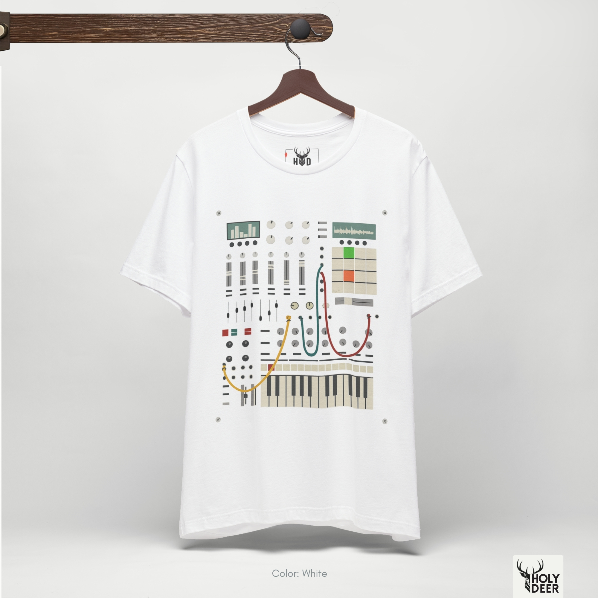 Industrial recording studio concrete architecture outdoor lifestyle model wearing the centered Modular Synth Tee from Holydeer Clothing, standing as a high-end music producer top statement matching elite techno producer tee trends.