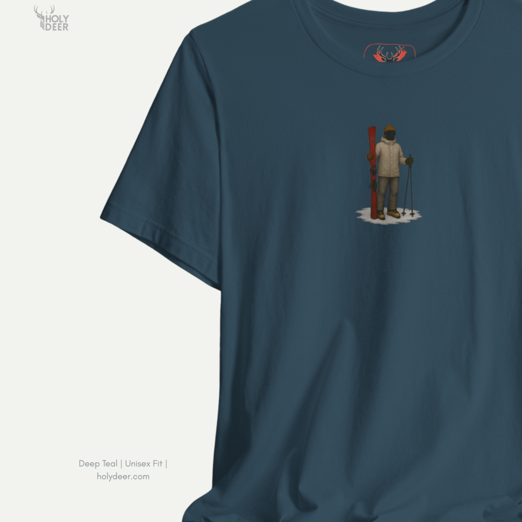 Modern brutalist ski lodge concrete architecture outdoor lifestyle model wearing the centered Minimalist Ski Tee from Holydeer Clothing, standing as a high-end vintage ski wear statement matching elite apres ski apparel trends.