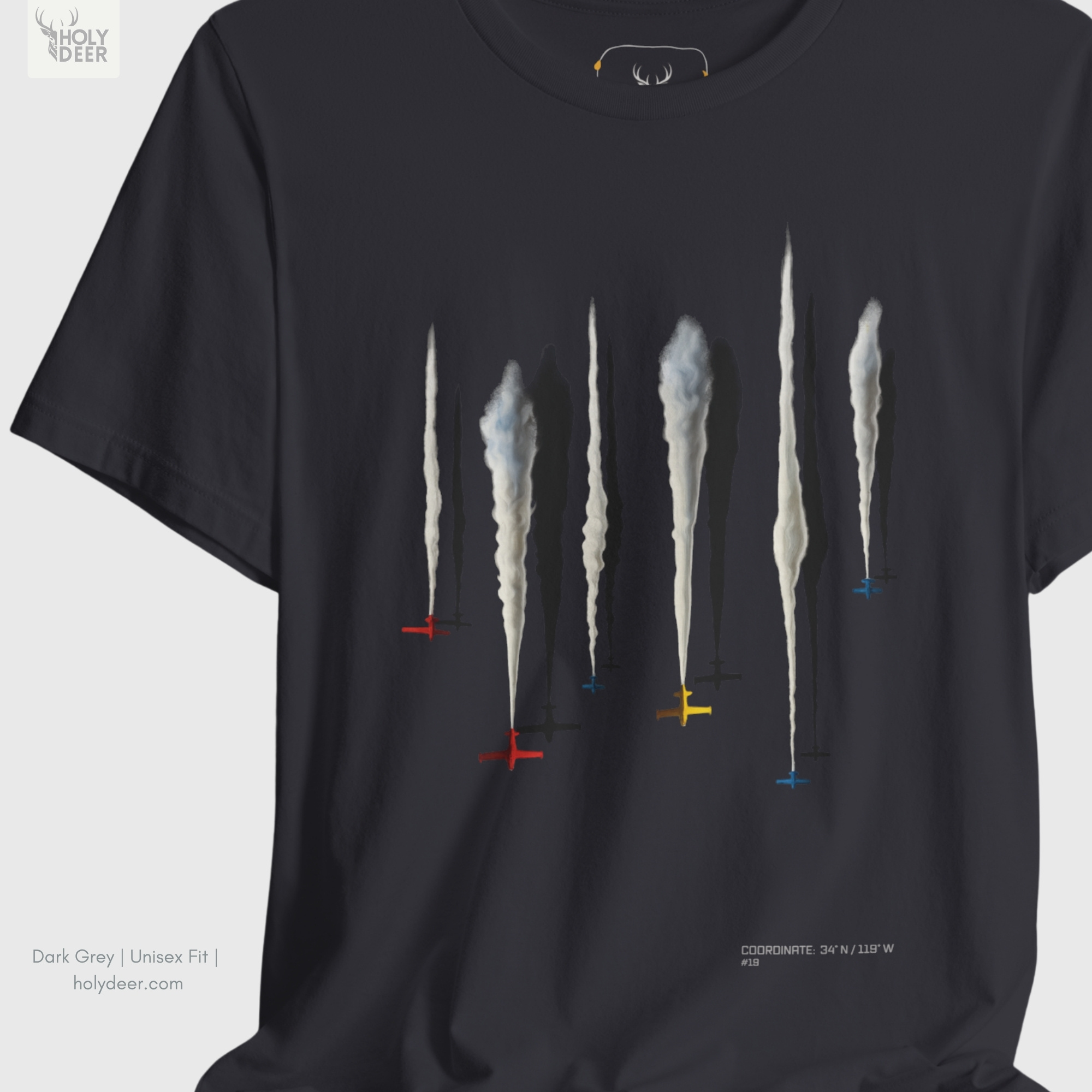 Macro view of the Aerobatic Jets Tee print showcasing intricate 3D shading on the volumetric smoke trail planes, sharp colorful plane silhouettes, and fine aviation art shirt points crafted exclusively by Holydeer Streetwear.