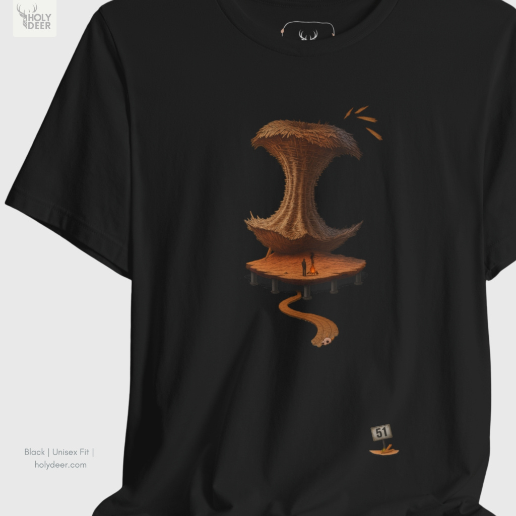 Soft amber desert ray shadow studio backdrop framing the unique Area 51 Tshirt by Holydeer Streetwear, magnifying the clean centered dystopian tee placement and premium dark tech shirt presentation.