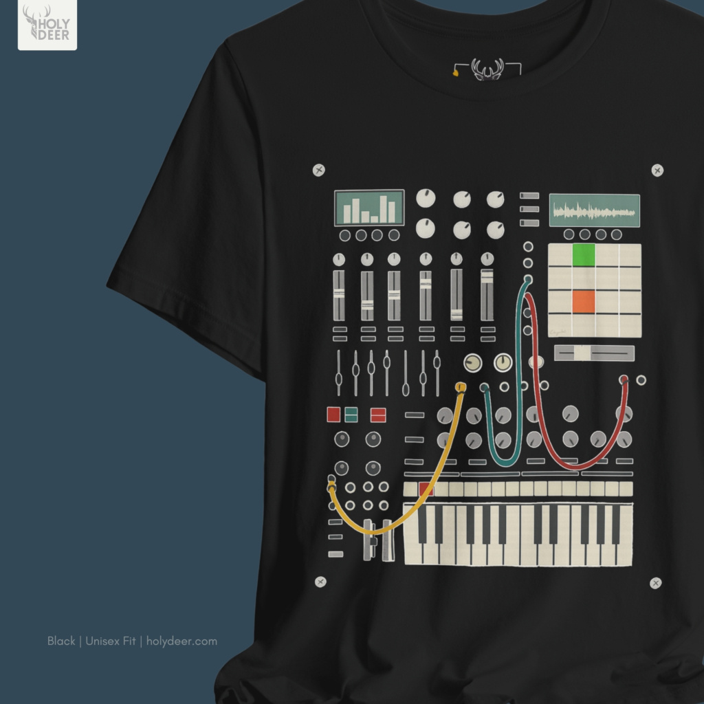 Soft warm vacuum tube glow shadow studio backdrop framing the unique Modular Synth Tee by Holydeer Streetwear, magnifying the clean centered synthesizer t-shirt placement and premium retro synth design presentation.