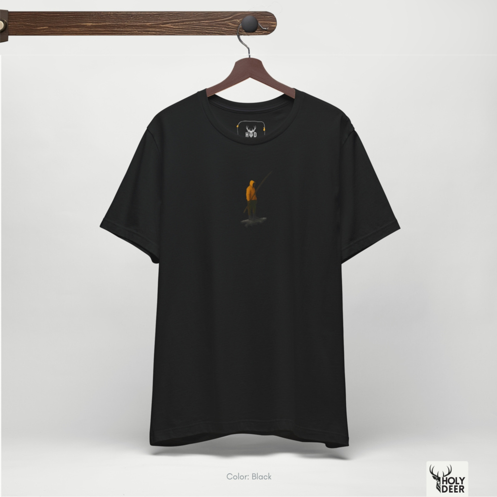 Modern brutalist coastal harbor pier concrete architecture outdoor lifestyle model wearing the centered Minimalist Fish Tee from Holydeer Clothing, standing as a high-end gorpcore fashion statement matching elite seaside graphic tee trends.