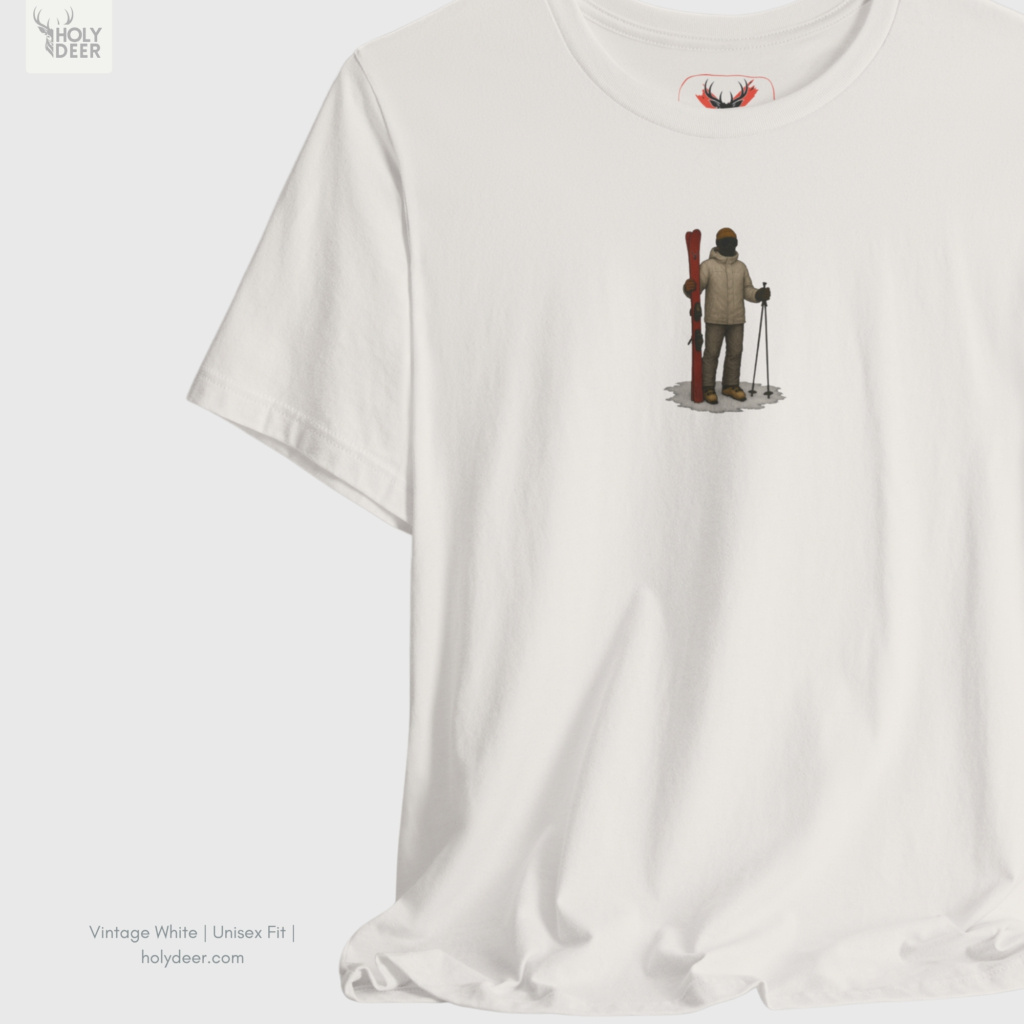 Soft blizzard blue ray shadow studio backdrop framing the unique Minimalist Ski Tee by Holydeer Streetwear, magnifying the clean centered skier gift idea placement and premium modern skier gift presentation.