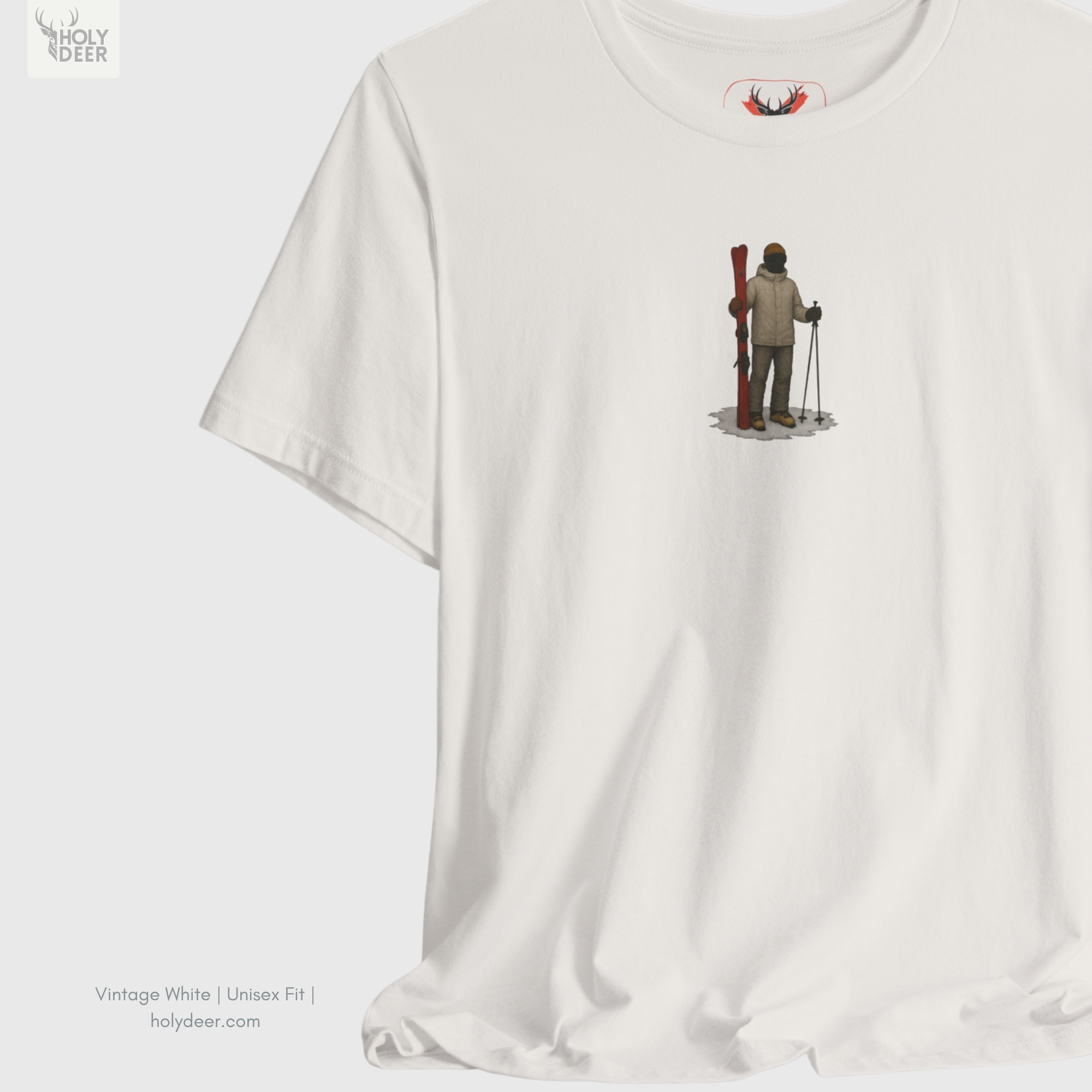 Soft blizzard blue ray shadow studio backdrop framing the unique Minimalist Ski Tee by Holydeer Streetwear, magnifying the clean centered skier gift idea placement and premium modern skier gift presentation.