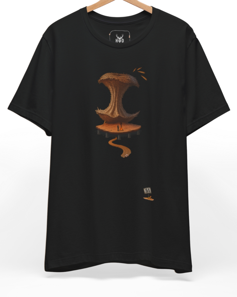 Premium Area 51 Tshirt displaying a high-detail dystopian tee organic tower layout and apocalyptic tee concept on a heavy black graphic canvas, designed by Holydeer Clothing.
