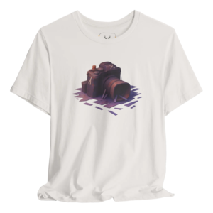 Artistic camera t-shirt designed for photography enthusiasts featuring a creative graphic print, perfect for anyone passionate about capturing moments. Made from soft cotton for comfort, this unique t-shirt is ideal for artists and photographers alike, making it a stylish addition to any wardrobe.