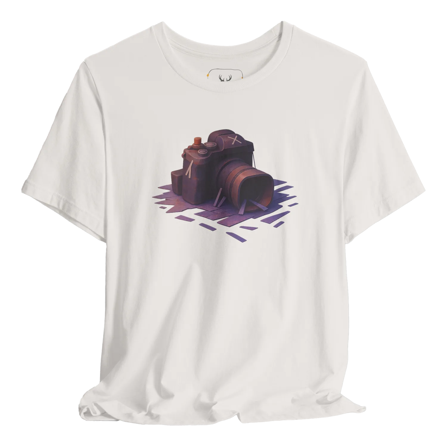 Artistic camera t-shirt designed for photography enthusiasts featuring a creative graphic print, perfect for anyone passionate about capturing moments. Made from soft cotton for comfort, this unique t-shirt is ideal for artists and photographers alike, making it a stylish addition to any wardrobe.