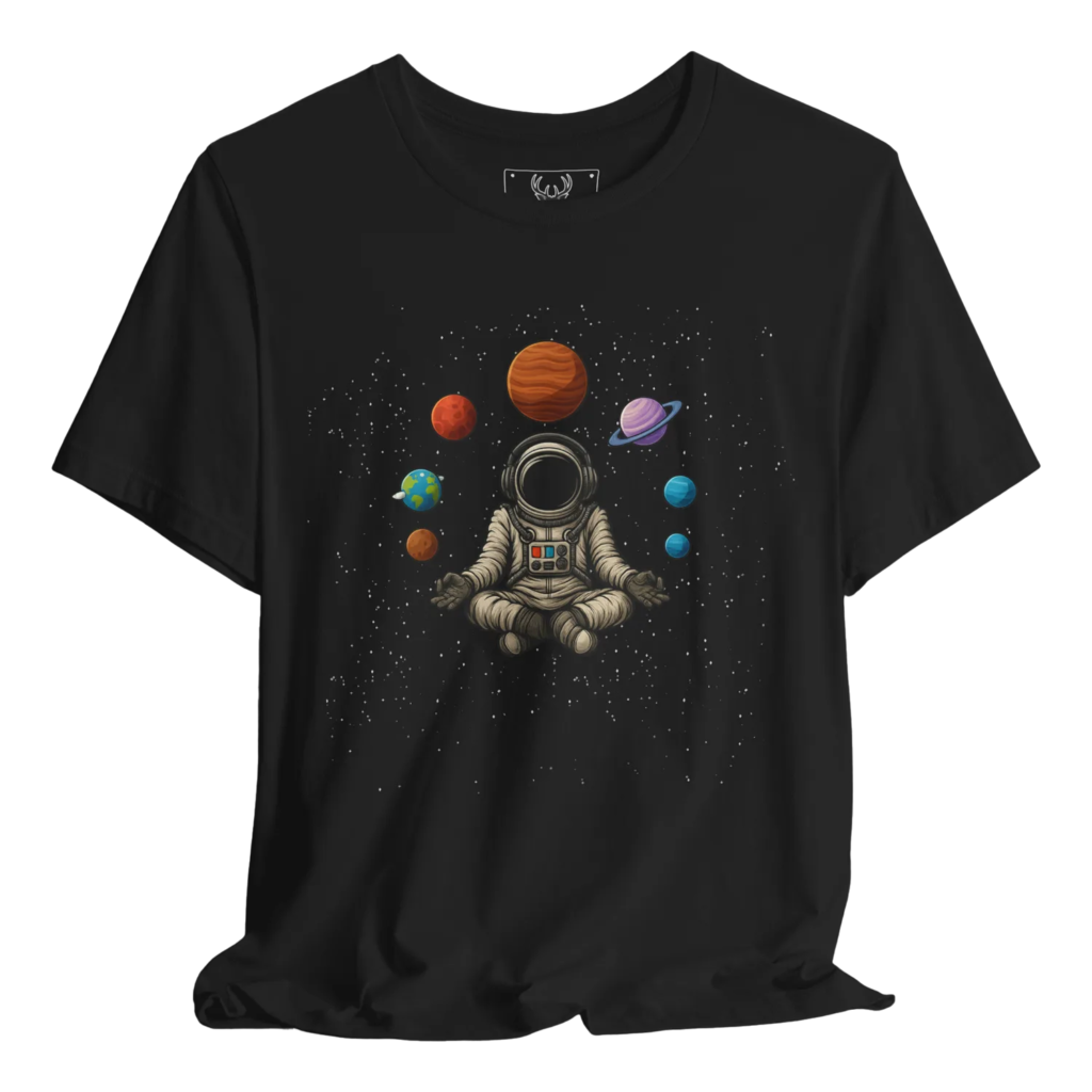 Astronaut graphic t-shirt depicting a colorful space adventure design. Ideal for dreamers and science lovers, this tee showcases planets, galaxies, and cosmic elements for those who cherish outer space themes. Perfect for men and women who enjoy trendy graphic tees and appreciate vintage space designs.