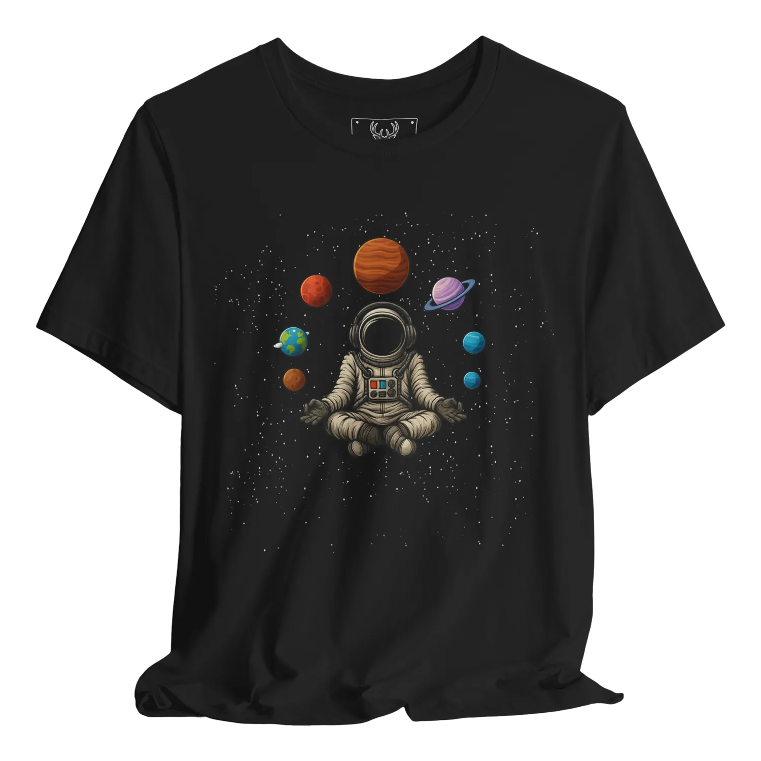 Astronaut graphic t-shirt depicting a colorful space adventure design. Ideal for dreamers and science lovers, this tee showcases planets, galaxies, and cosmic elements for those who cherish outer space themes. Perfect for men and women who enjoy trendy graphic tees and appreciate vintage space designs.