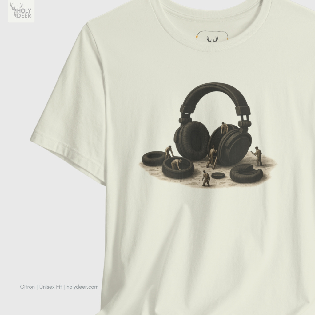 Detailed macro perspective displaying the rounded donut shapes, leather fabric wrinkle textures, and soft cross-hatching shadows on the sound design shirt panel.