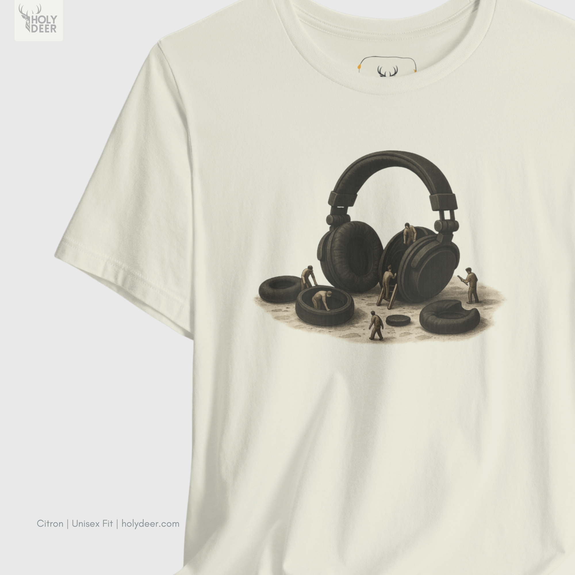 Detailed macro perspective displaying the rounded donut shapes, leather fabric wrinkle textures, and soft cross-hatching shadows on the sound design shirt panel.