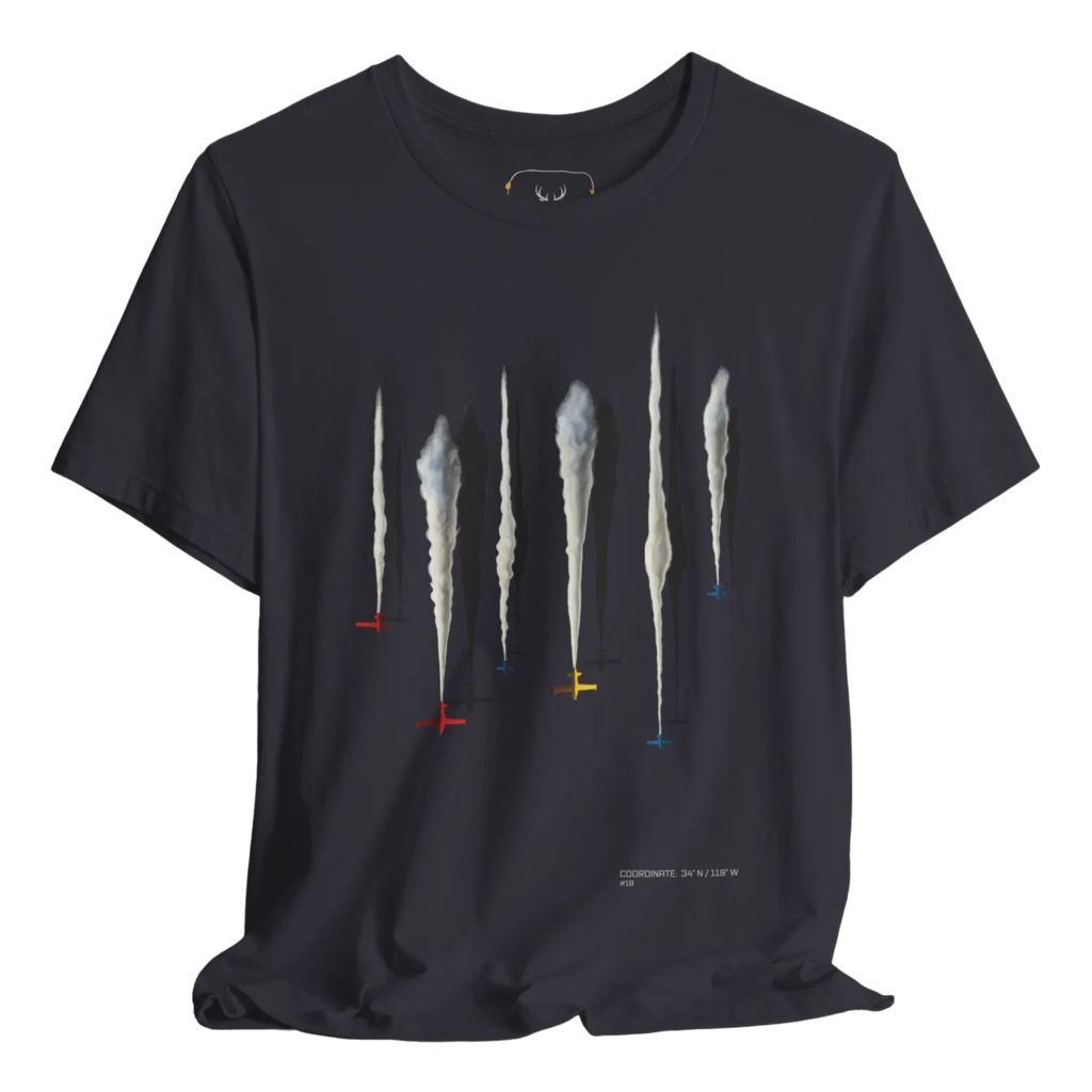 A stylish aviation graphic t-shirt featuring unique airplane art, perfect for aviation enthusiasts and pilots who appreciate fashionable and comfortable clothing. This pilot t-shirt design showcases a cool plane theme for airshow fashion lovers.