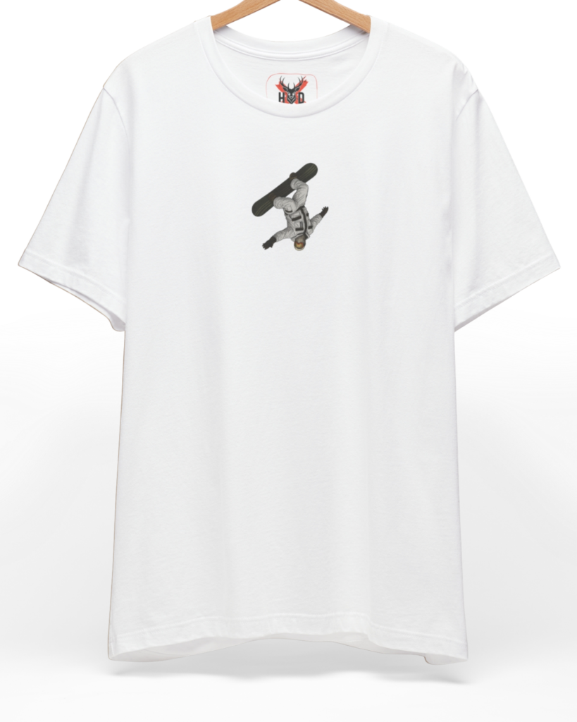 Premium Backflip Snowboard tee displaying a high-detail freestyle snow tee flip graphic and modern streetwear concept on a white graphic tee layout, designed by Holydeer Clothing.