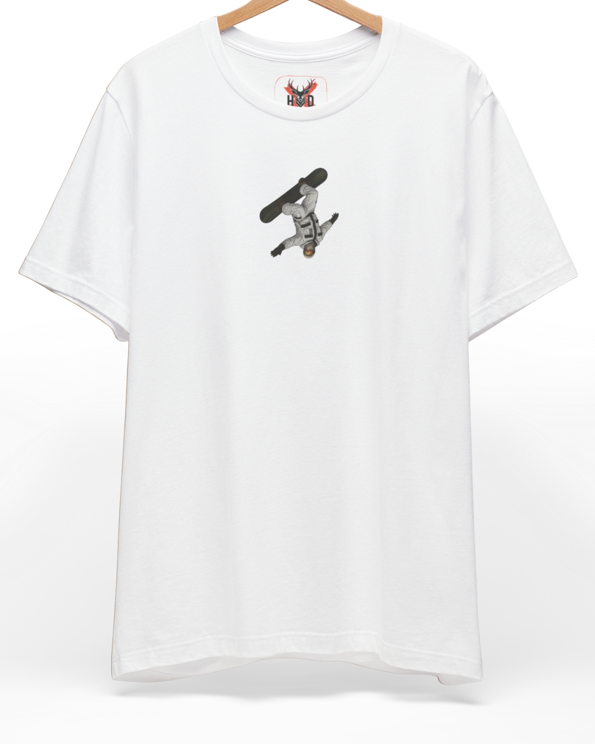 Premium Backflip Snowboard tee displaying a high-detail freestyle snow tee flip graphic and modern streetwear concept on a white graphic tee layout, designed by Holydeer Clothing.