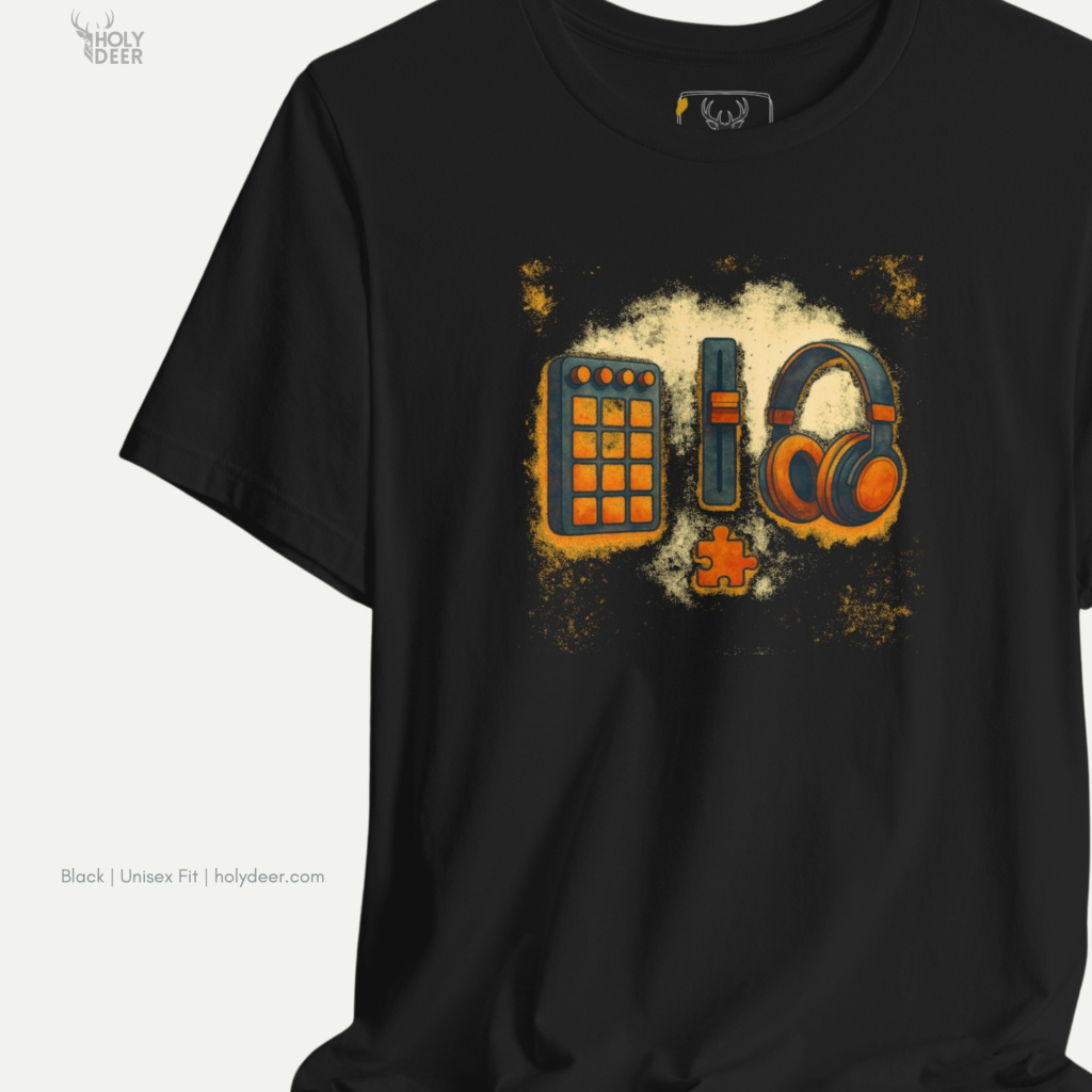 Front perspective of the beatmaker-apparel-musician-tshirt-launchpad-design-black-aesthetic-holydeer-boutique-quality-wear.jpg shirt hanging elegantly on a timber frame against a neutral background.