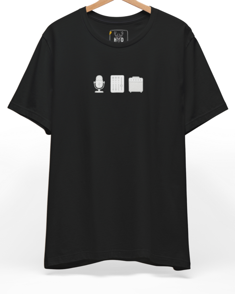 Front perspective of the beatmaker-apparel-studio-gear-shirt-modern-recording-artist-top-by-holydeer-exclusive-audio-drop.jpg garment showing the miniature hardware print on a premium black Holydeer shirt.