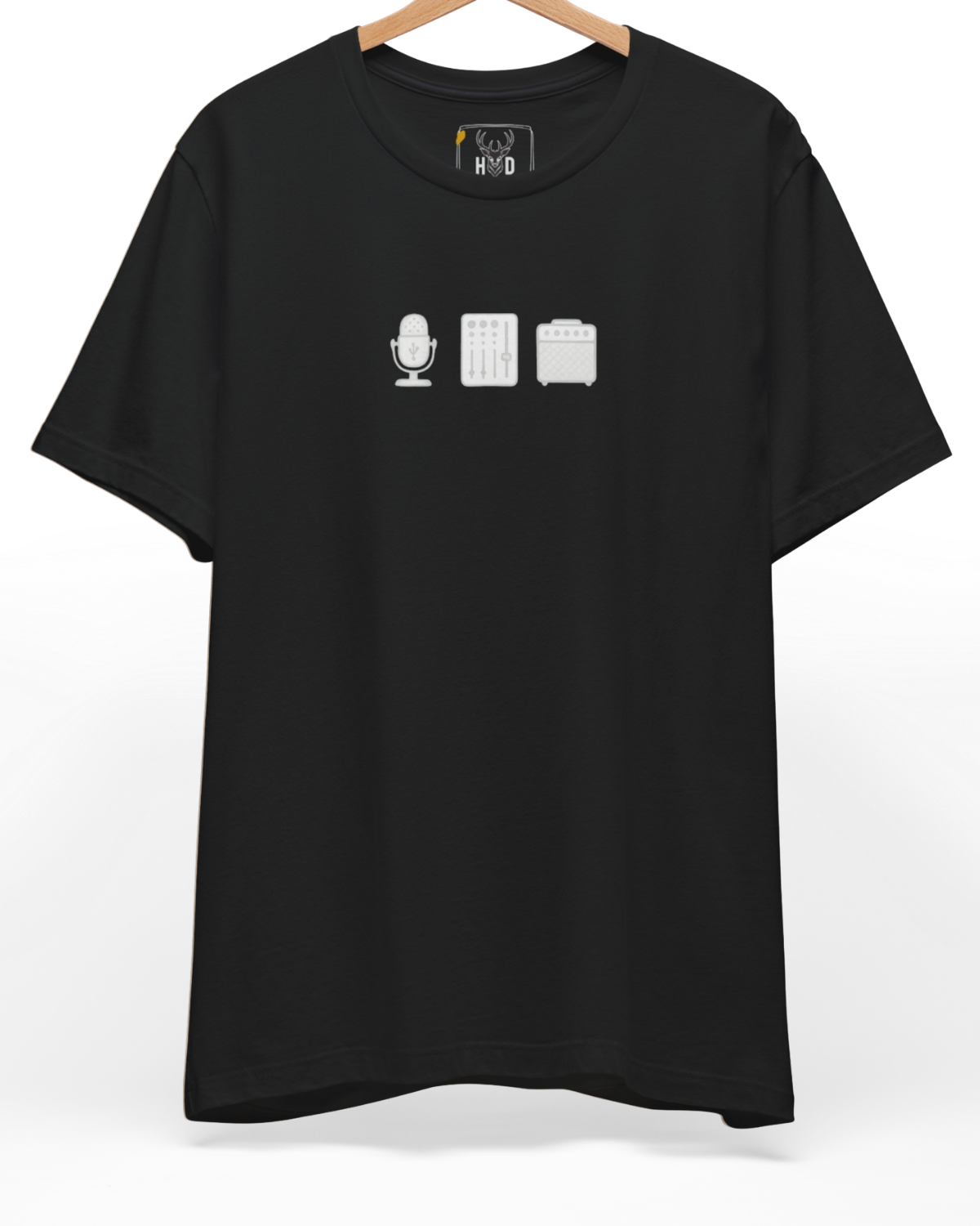 Front perspective of the beatmaker-apparel-studio-gear-shirt-modern-recording-artist-top-by-holydeer-exclusive-audio-drop.jpg garment showing the miniature hardware print on a premium black Holydeer shirt.