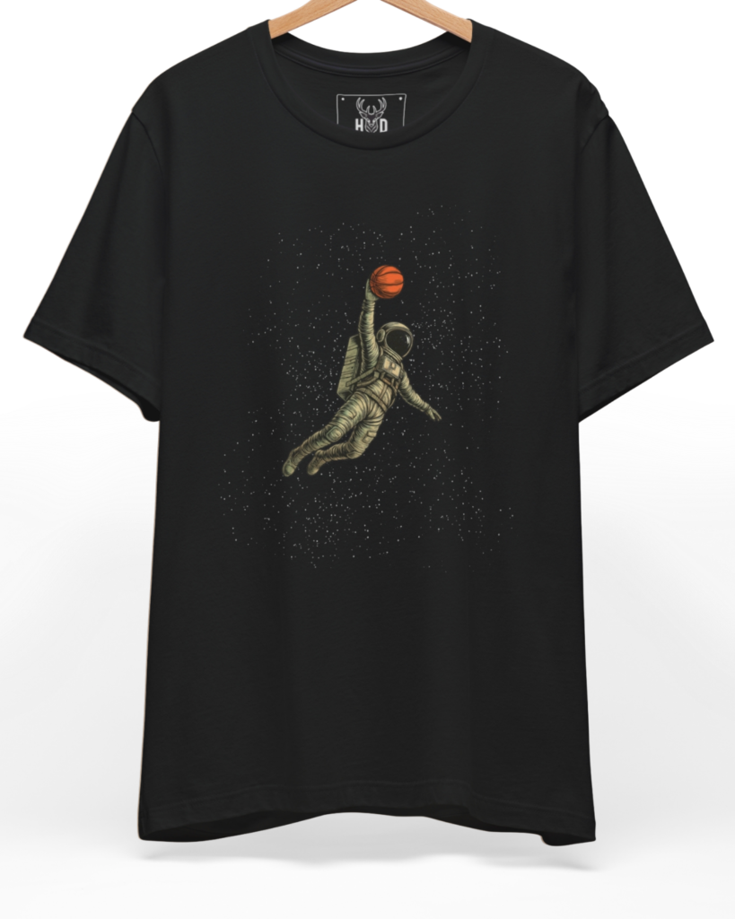 Premium Cyberpunk Basketball shirt displaying a high-detail cyborg baller art shirt composition and streetwear sci fi layout on a black graphic tee backdrop, designed by Holydeer Clothing.