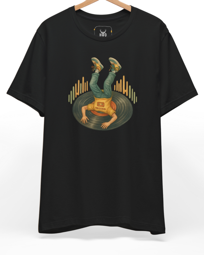 Front perspective of the retro-vinyl-art-shirt-audiophile-gift-design-modern-indie-music-artist-top-by-holydeer-exclusive-high-end-streetwear.jpg garment showing the surreal record diving graphic printed on a premium black Holydeer shirt.