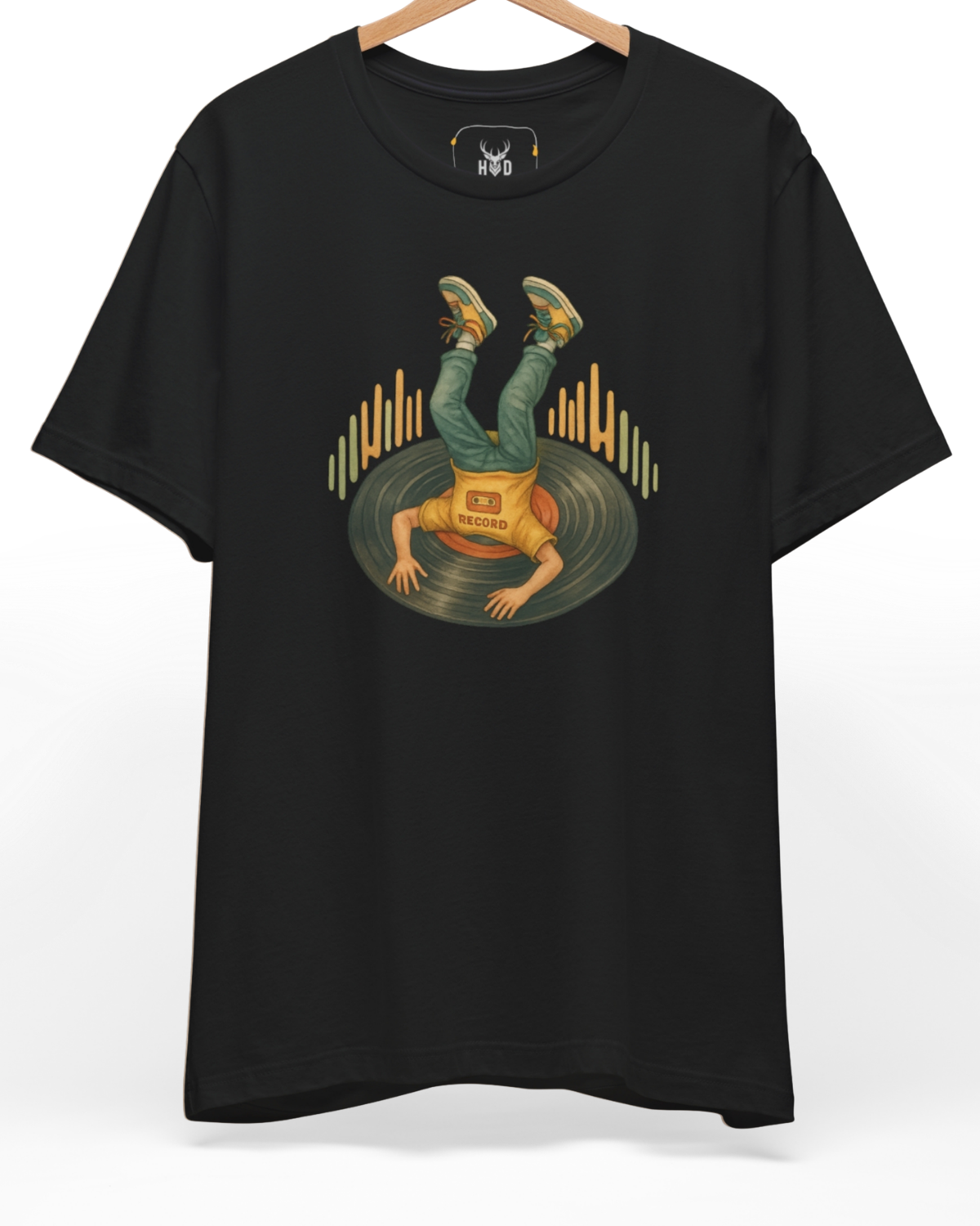 Front perspective of the retro-vinyl-art-shirt-audiophile-gift-design-modern-indie-music-artist-top-by-holydeer-exclusive-high-end-streetwear.jpg garment showing the surreal record diving graphic printed on a premium black Holydeer shirt.