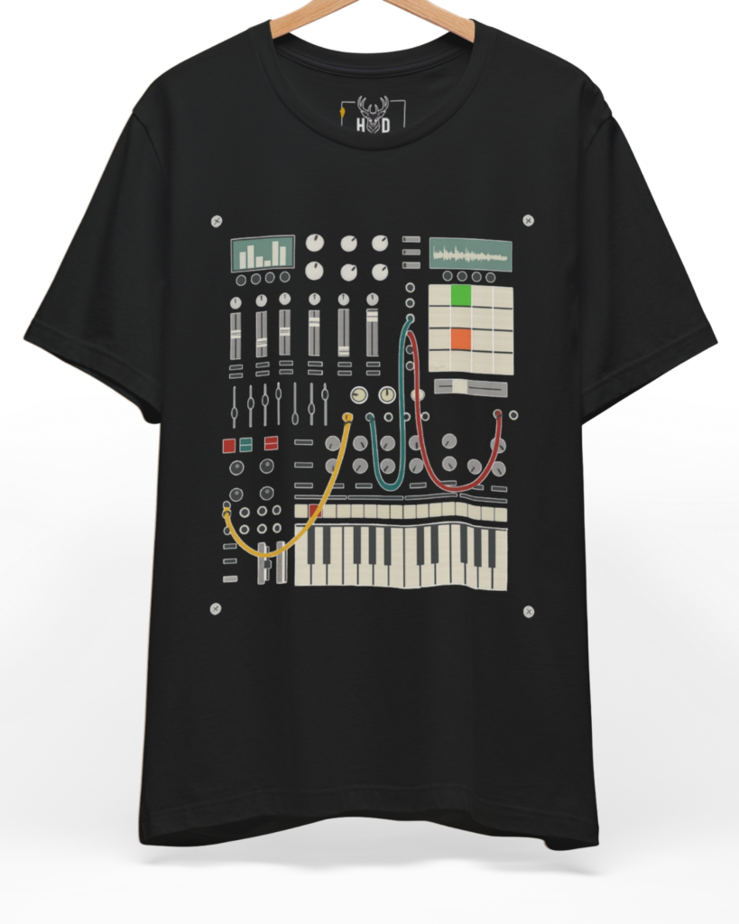 Premium Modular Synth Tee displaying a high-detail analog synth shirt layout and synthesizer t-shirt concept on a heavy black graphic canvas, designed by Holydeer Clothing.