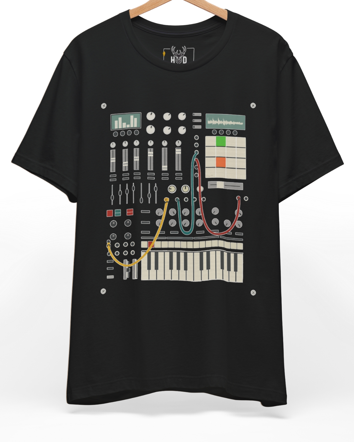 Premium Modular Synth Tee displaying a high-detail analog synth shirt layout and synthesizer t-shirt concept on a heavy black graphic canvas, designed by Holydeer Clothing.