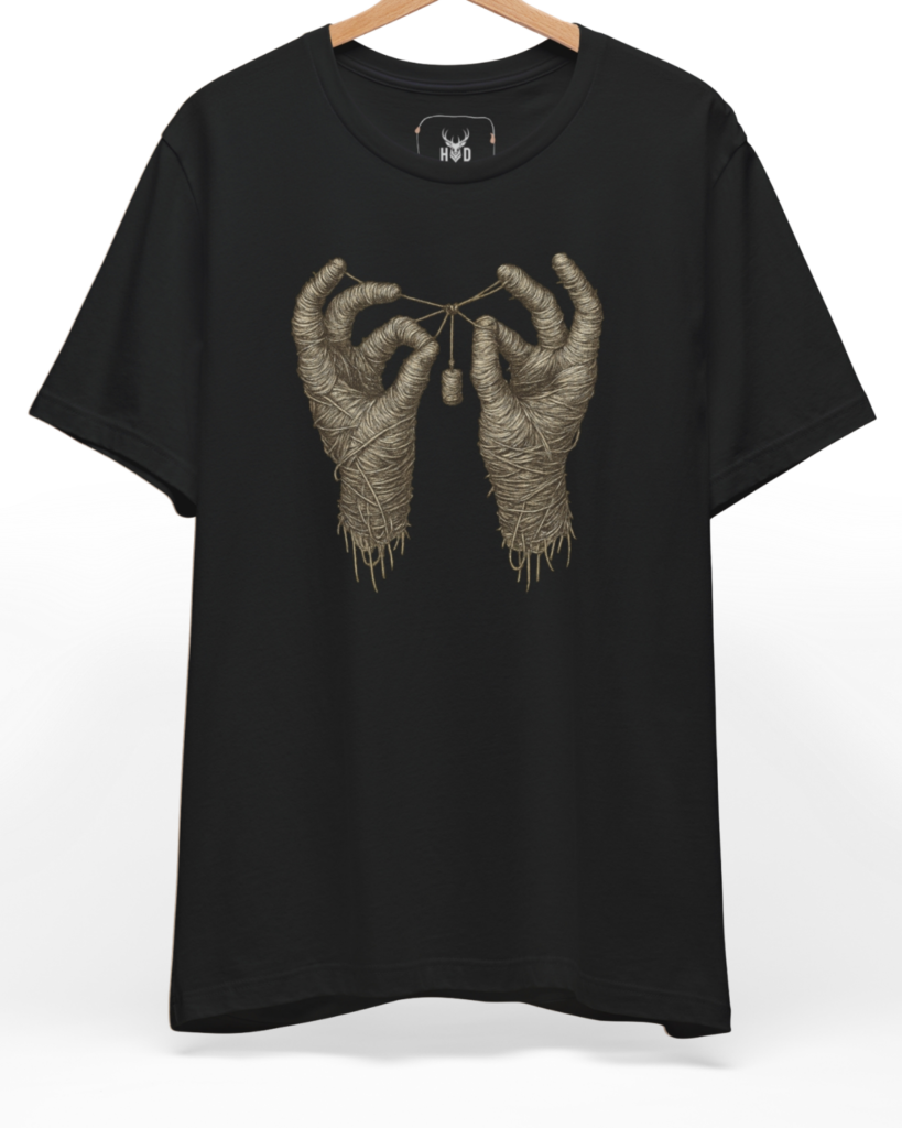 Mummy Hands Shirt displaying a unique black mummy hands shirt aesthetic vintage mummy tee dark aesthetic gift layout on a black graphic tee backdrop, designed by Holydeer Clothing.