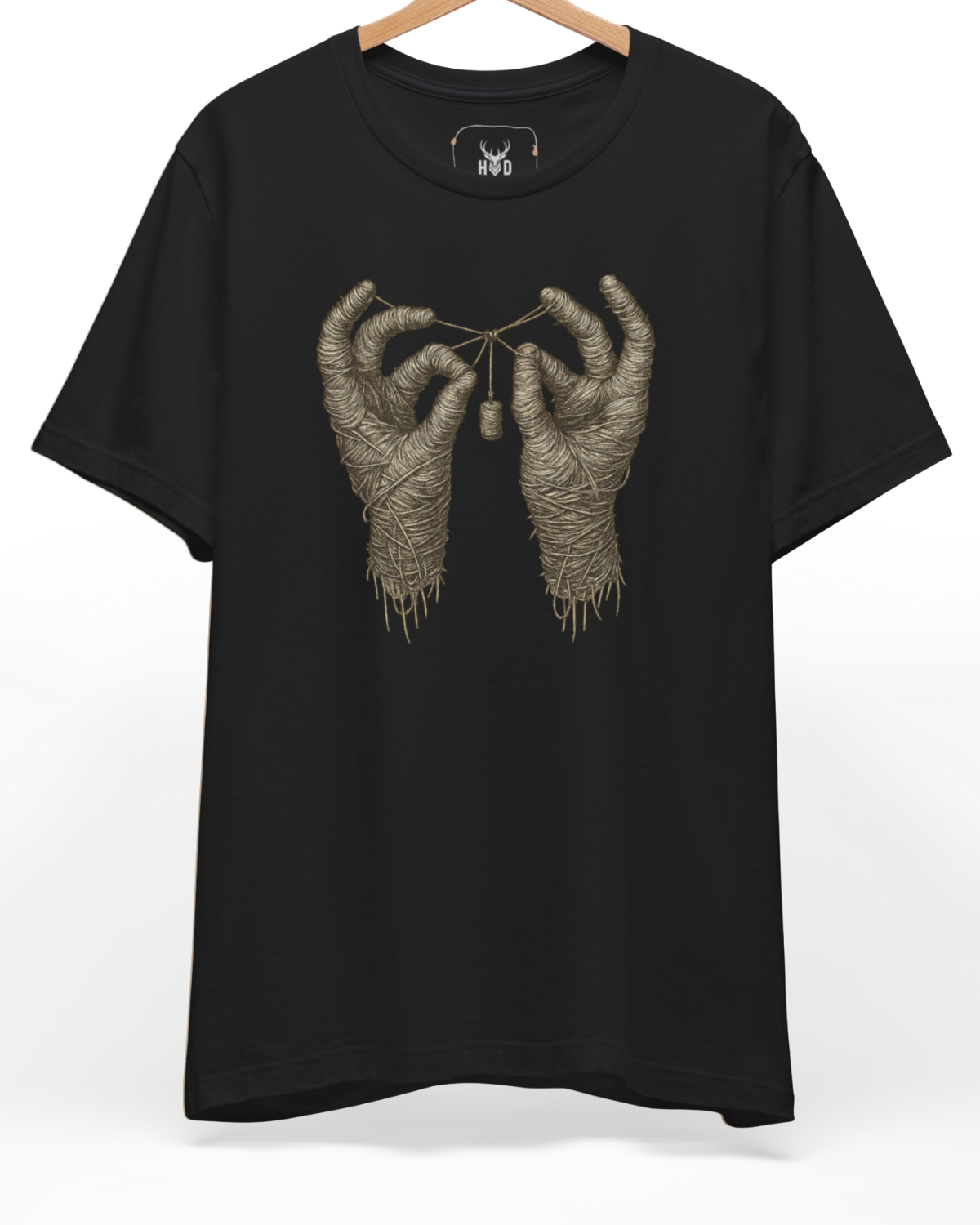 Mummy Hands Shirt displaying a unique black mummy hands shirt aesthetic vintage mummy tee dark aesthetic gift layout on a black graphic tee backdrop, designed by Holydeer Clothing.