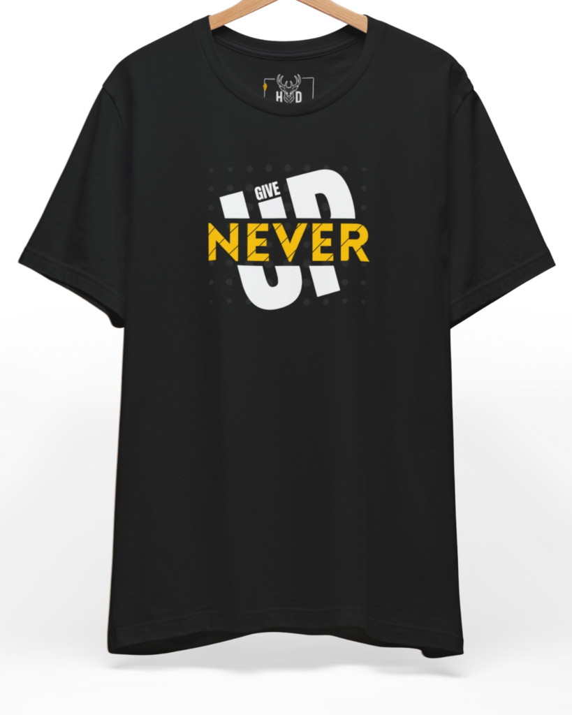 Front perspective of the black-never-give-up-shirt-motivational-typography-graphic-tee-for-men-gym-workout-holydeer-limited-edition-top.jpg garment showing the high contrast lettering printed on a premium black Holydeer shirt.